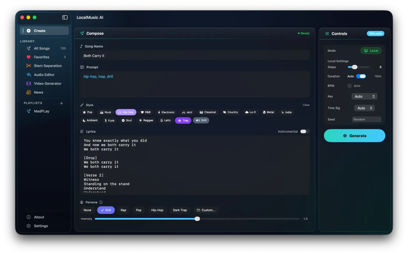 LocalMusic AI generating on-device on a Mac