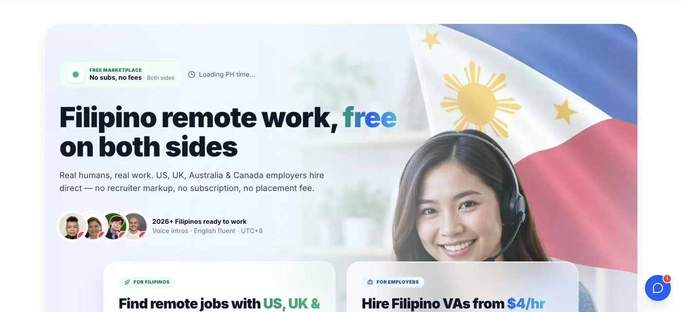 WorkFil homepage: Filipino remote work, free on both sides